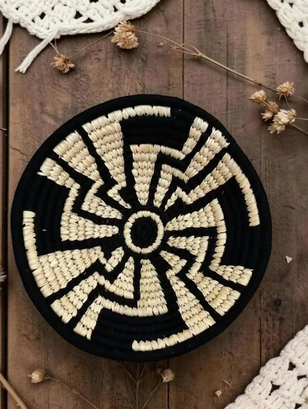 Woven Basket Wall Set, Black Natural Mixed Pattern Boho Gallery Decor
